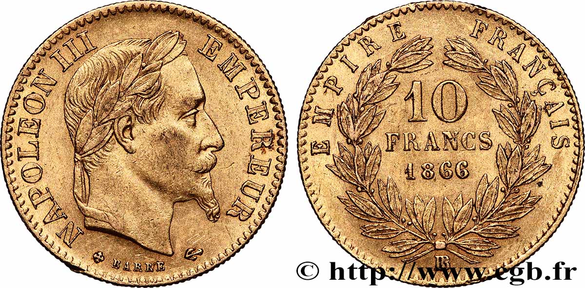 10 francs or Napoléon III, tête laurée 1866 Strasbourg F.507A/14 XF 