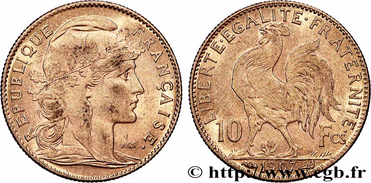 10 francs or Coq 1907 Paris F.509/8 AU 