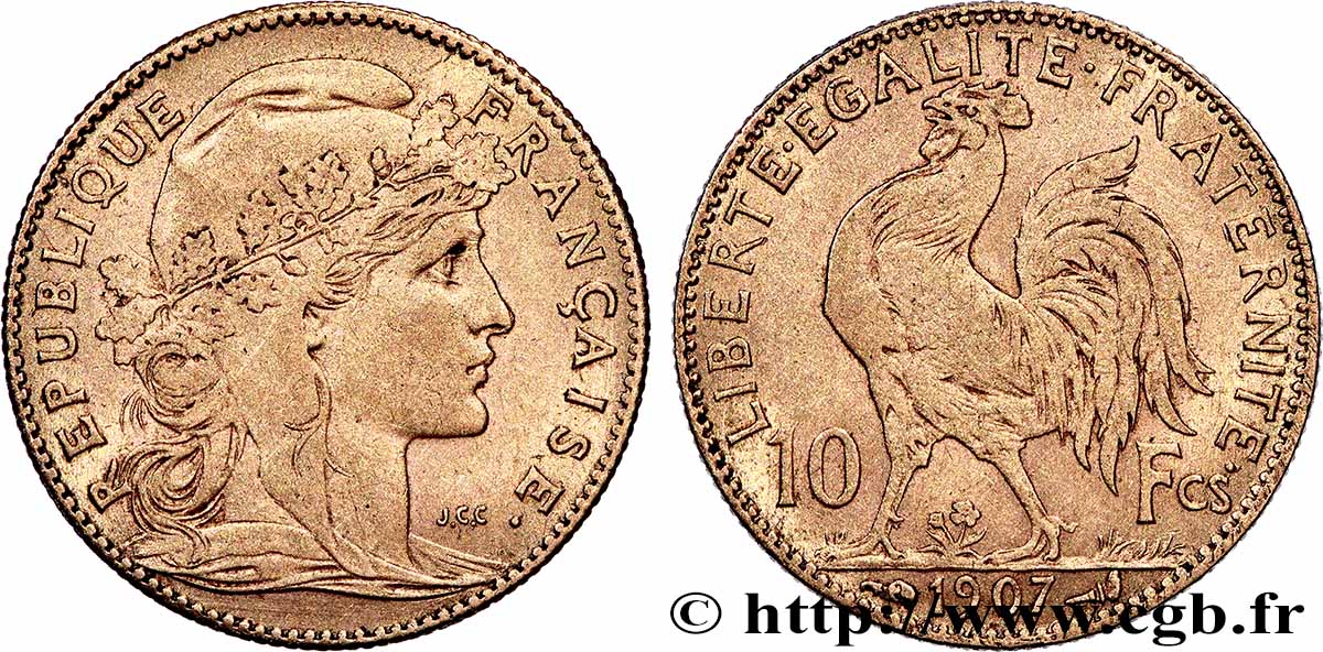 10 francs or Coq 1907 Paris F.509/8 XF 