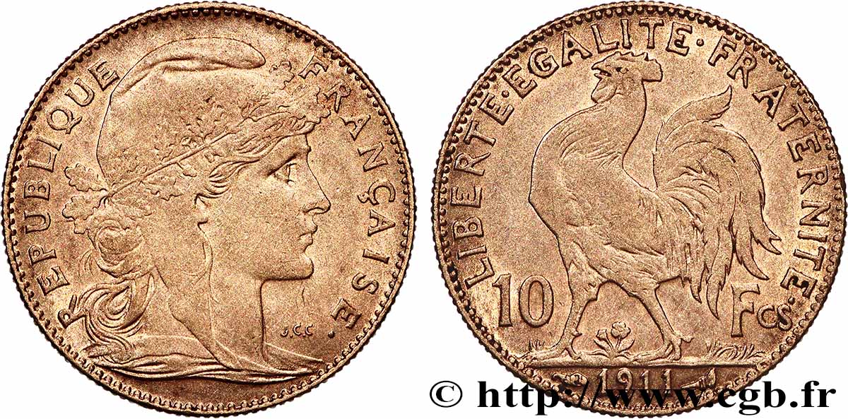 10 francs or Coq 1911 Paris F.509/12 AU 