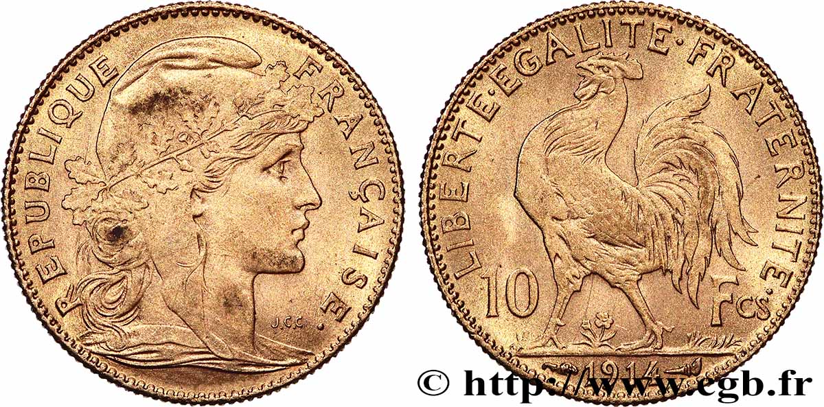 10 francs or Coq 1914 Paris F.509/14 AU 