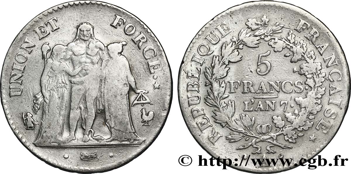 5 francs Union et Force, Union serré, avec glands intérieurs et gland extérieur 1799 Paris F.288/95 MB35 