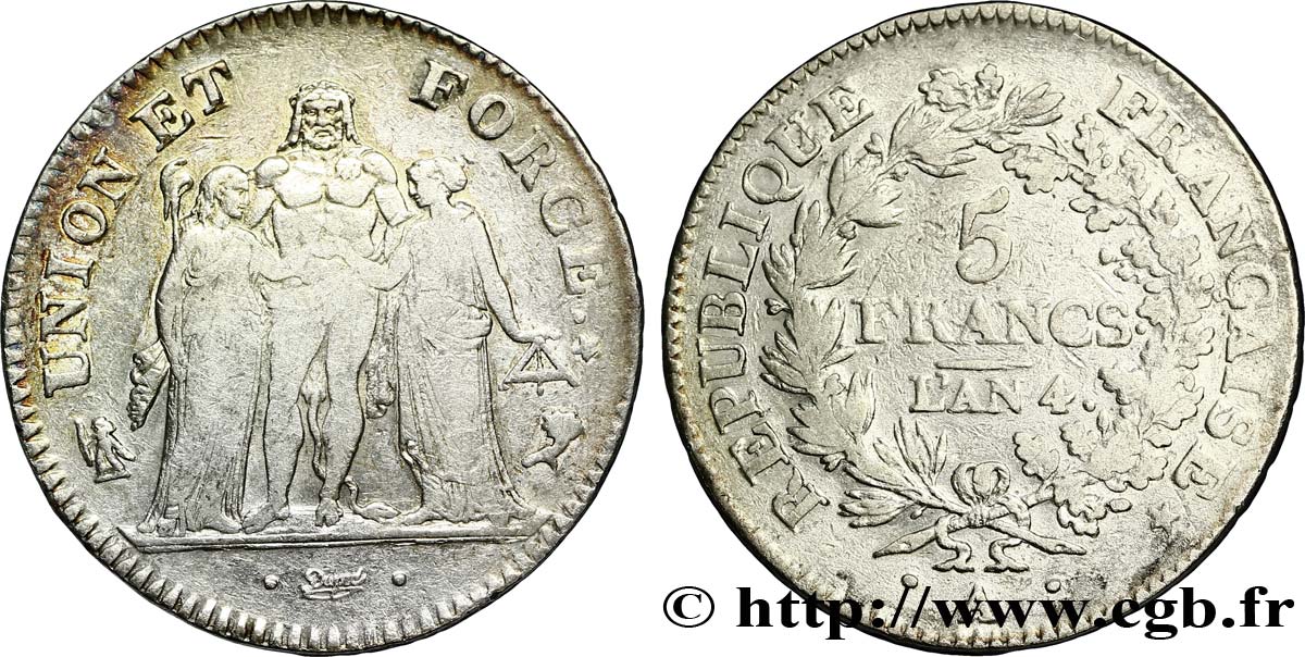5 francs Union et Force, Union desserré, avec glands intérieurs et gland extérieur 1796 Paris F.291/1 TB30 