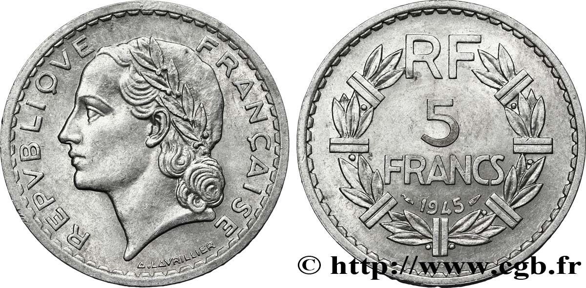 5 francs Lavrillier, aluminium 1945 Beaumont-Le-Roger F.339/4 EBC55 