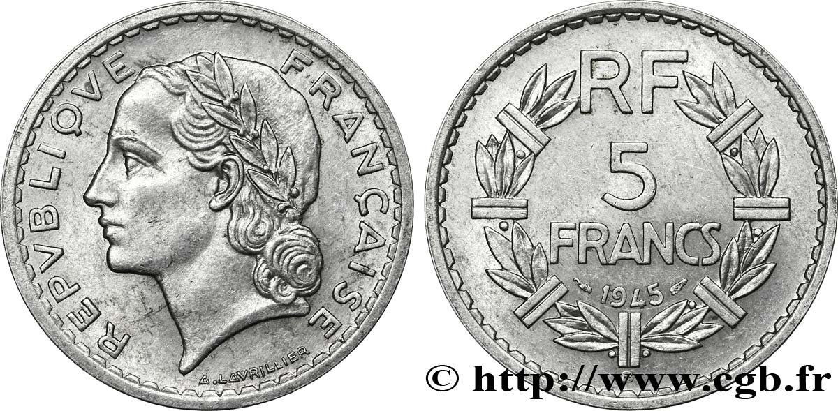 5 francs Lavrillier, aluminium 1945 Beaumont-Le-Roger F.339/4 TTB53 
