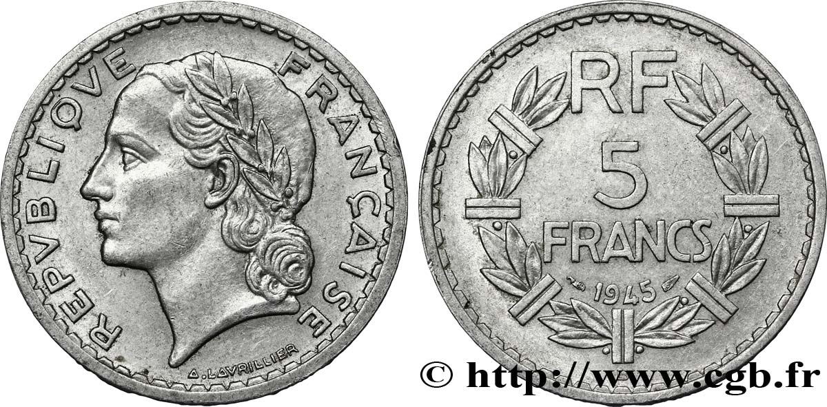 5 francs Lavrillier, aluminium 1945 Beaumont-Le-Roger F.339/4 XF48 