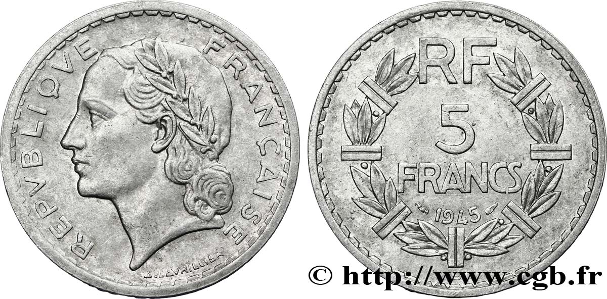 5 francs Lavrillier, aluminium 1945 Beaumont-Le-Roger F.339/4 XF45 