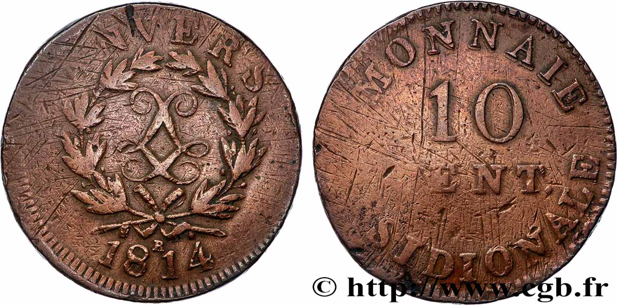 10 cent. Anvers au double L, frappe de l’atelier de Wolschot 1814  Anvers F.130C/2 TB 