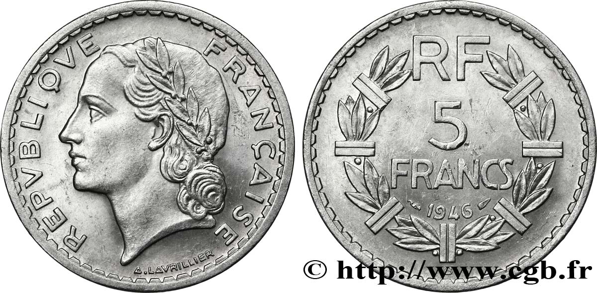 5 francs Lavrillier, aluminium 1946 Beaumont-Le-Roger F.339/7 AU58 