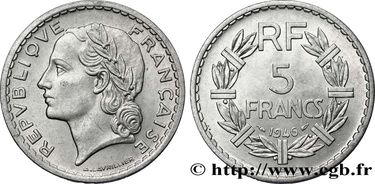 5 francs Lavrillier, aluminium 1946 Beaumont-Le-Roger F.339/7 VZ55 