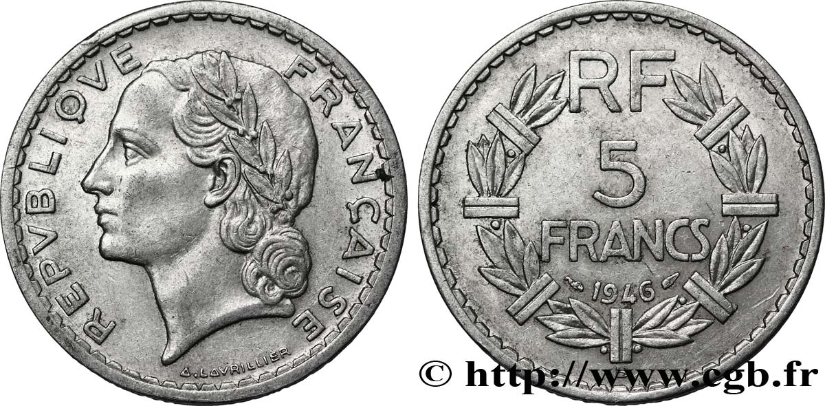 5 francs Lavrillier, aluminium 1946 Beaumont-Le-Roger F.339/7 MBC48 