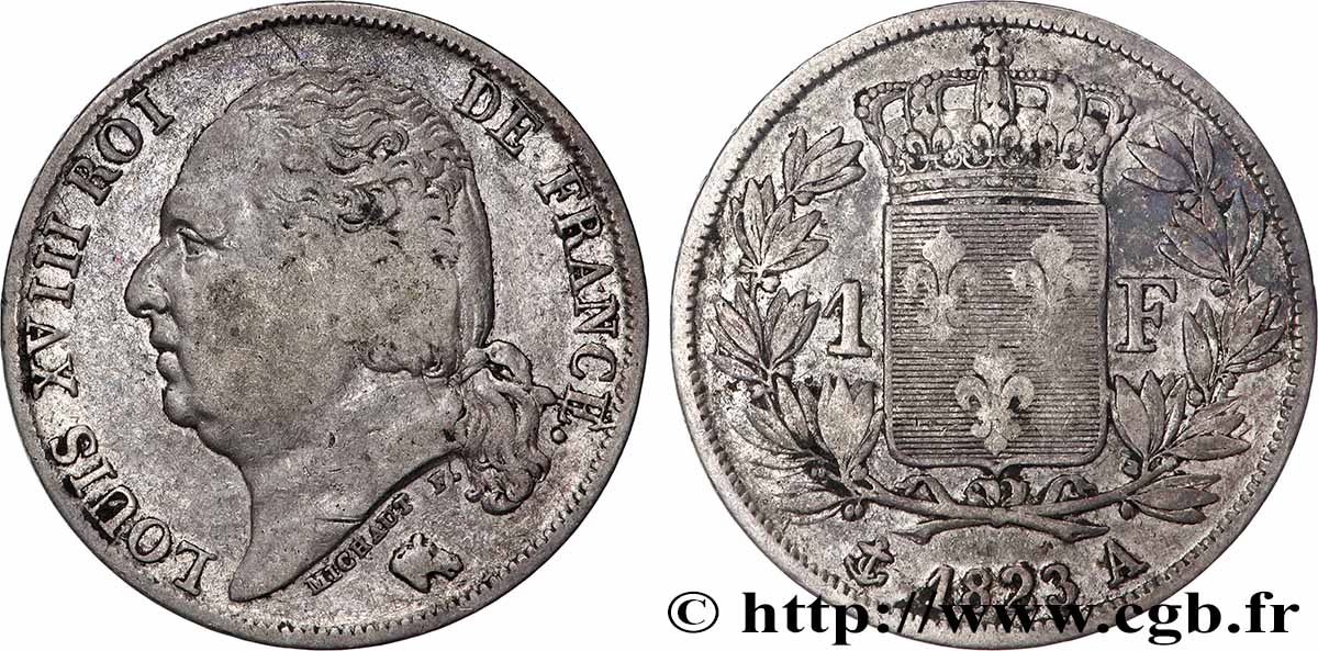1 franc Louis XVIII 1823 Paris F.206/45 B+ 