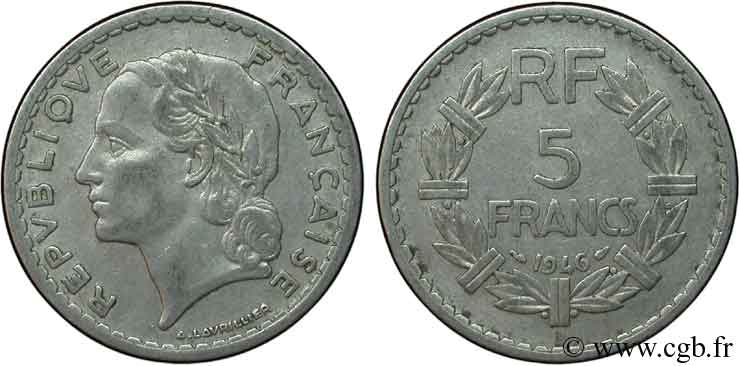 5 francs Lavrillier, aluminium 1946 Beaumont-Le-Roger F.339/7 XF40 