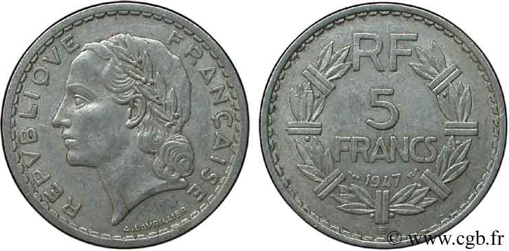5 francs Lavrillier, aluminium 1947 Beaumont-Le-Roger F.339/12 XF45 