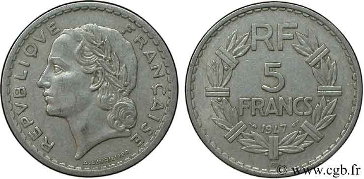 5 francs Lavrillier, aluminium 1947 Beaumont-Le-Roger F.339/12 XF40 