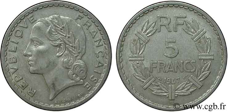 5 francs Lavrillier, aluminium 1947 Beaumont-Le-Roger F.339/12 BC30 