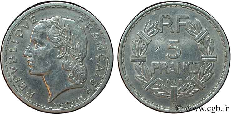5 francs Lavrillier, aluminium 1948 Beaumont-Le-Roger F.339/15 AU50 