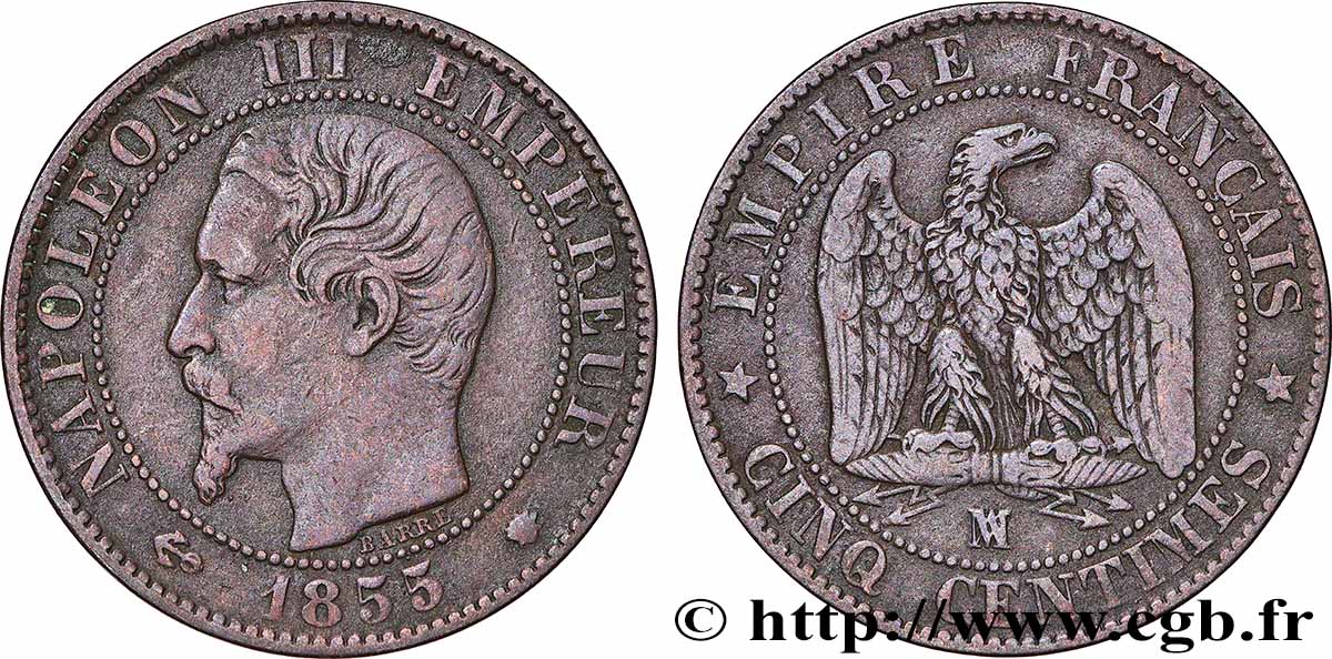 Cinq centimes Napoléon III, tête nue 1855 Marseille F.116/27 TB35 