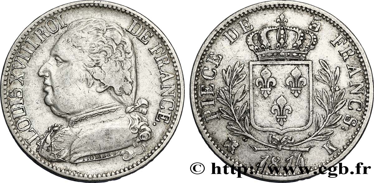 5 francs Louis XVIII, buste habillé 1814 Bordeaux F.308/7 TTB45 