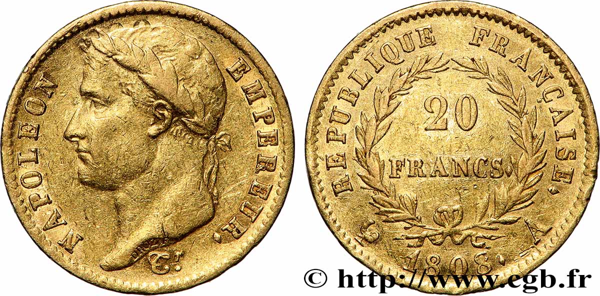 20 francs or Napoléon tête laurée, République française 1808 Paris F.515/2 SS 