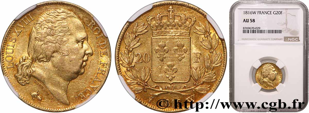 20 francs or Louis XVIII, tête nue 1816 Lille F.519/4 SUP58 NGC
