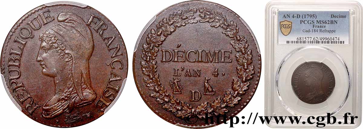 Décime Dupré, petit module, refrappe 1796 Lyon F.126/2 var. SUP62 PCGS