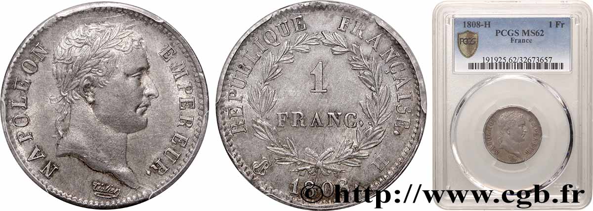 1 franc Napoléon Ier tête laurée, République française 1808 La Rochelle F.204/6 SUP62 PCGS