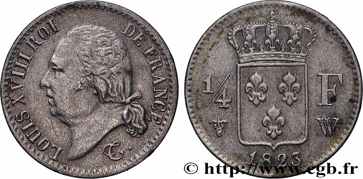 1/4 franc Louis XVIII 1823 Lille F.163/30 TB+ 
