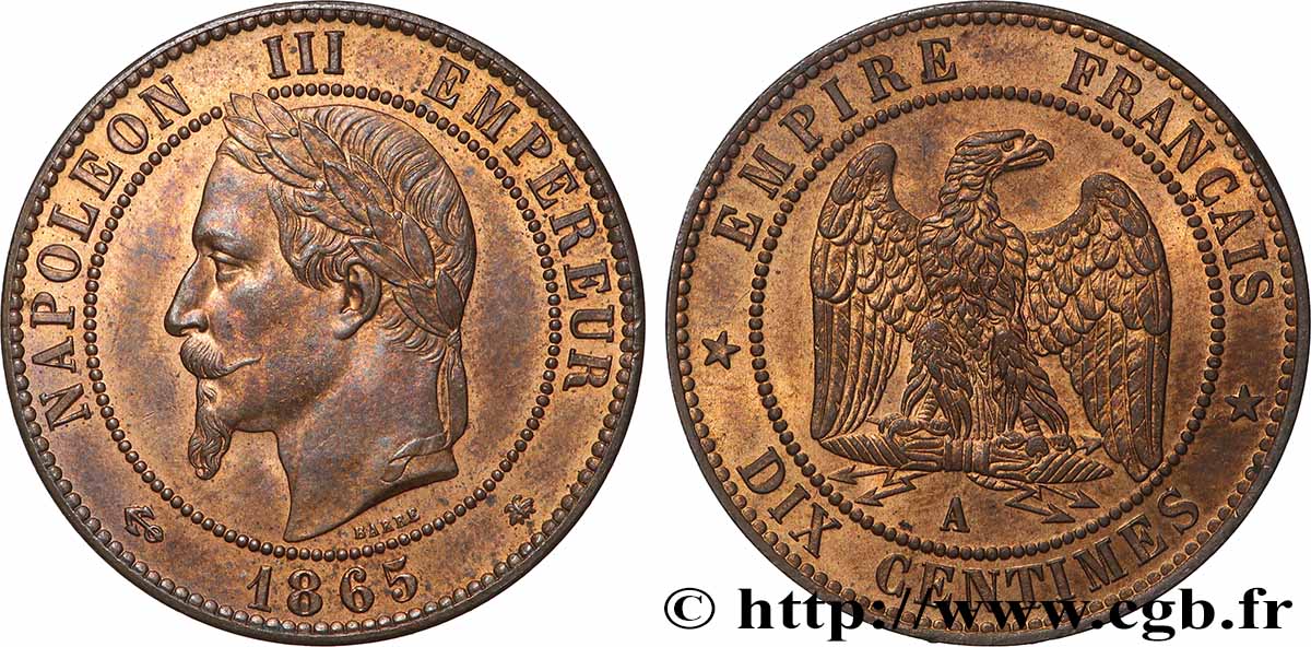 Dix centimes Napoléon III, tête laurée 1865 Paris F.134/16 SPL63 