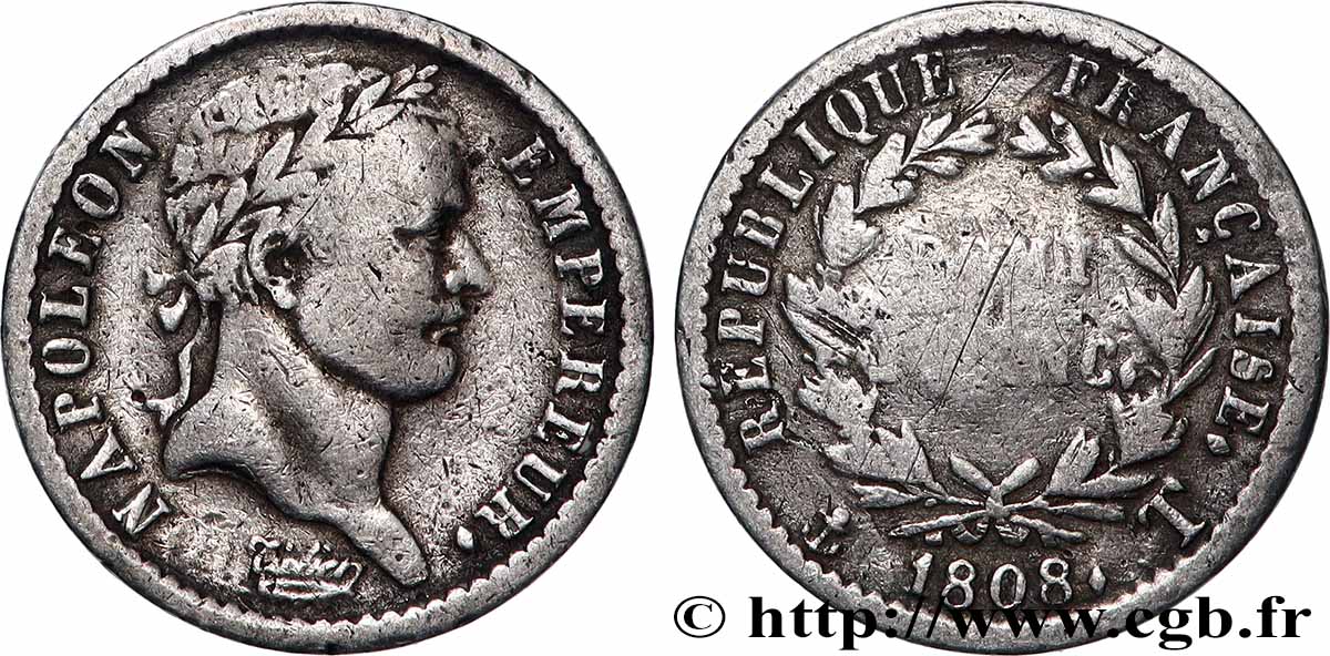 Demi-franc Napoléon Ier tête laurée, République française 1808 Nantes F.177/14 B 