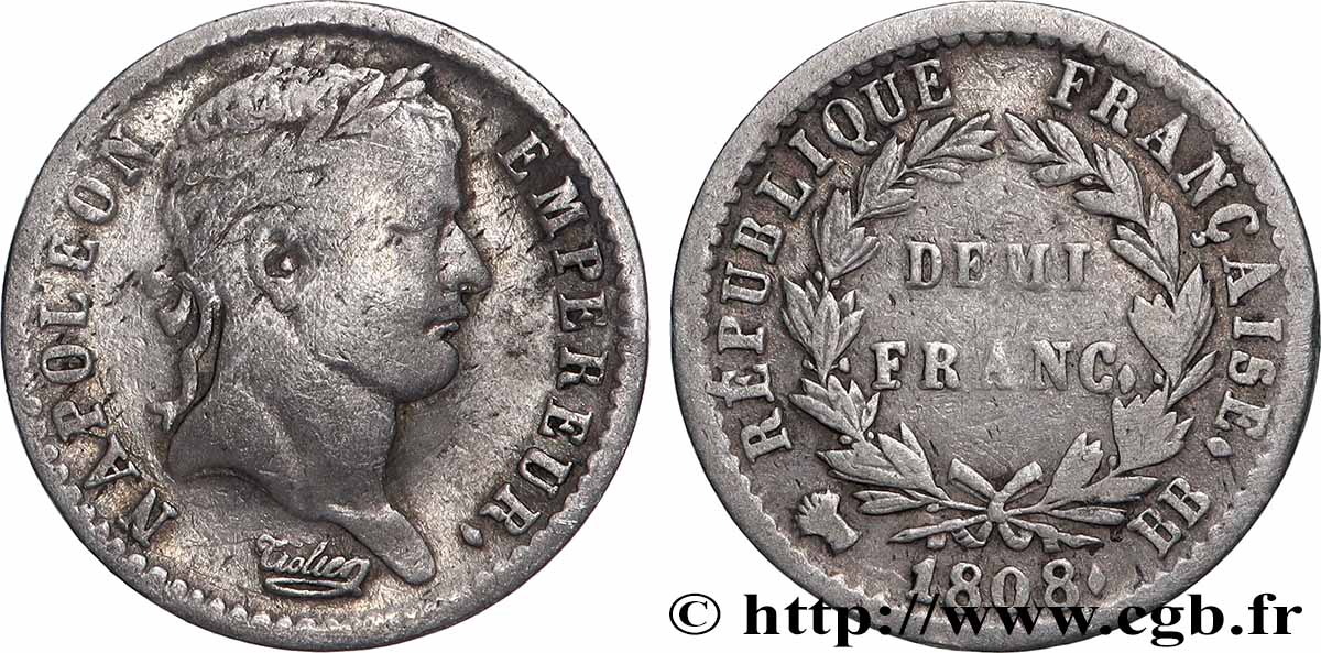 Demi-franc Napoléon Ier tête laurée, République française 1808 Strasbourg F.177/4 TB 