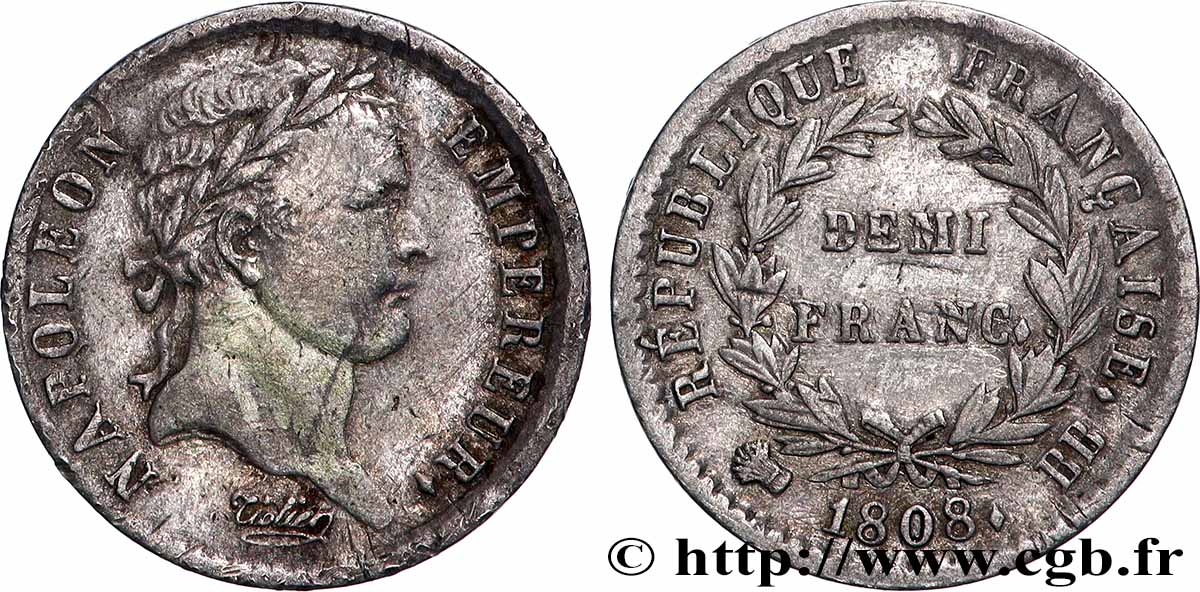 Demi-franc Napoléon Ier tête laurée, République française 1808 Strasbourg F.177/4 fSS 