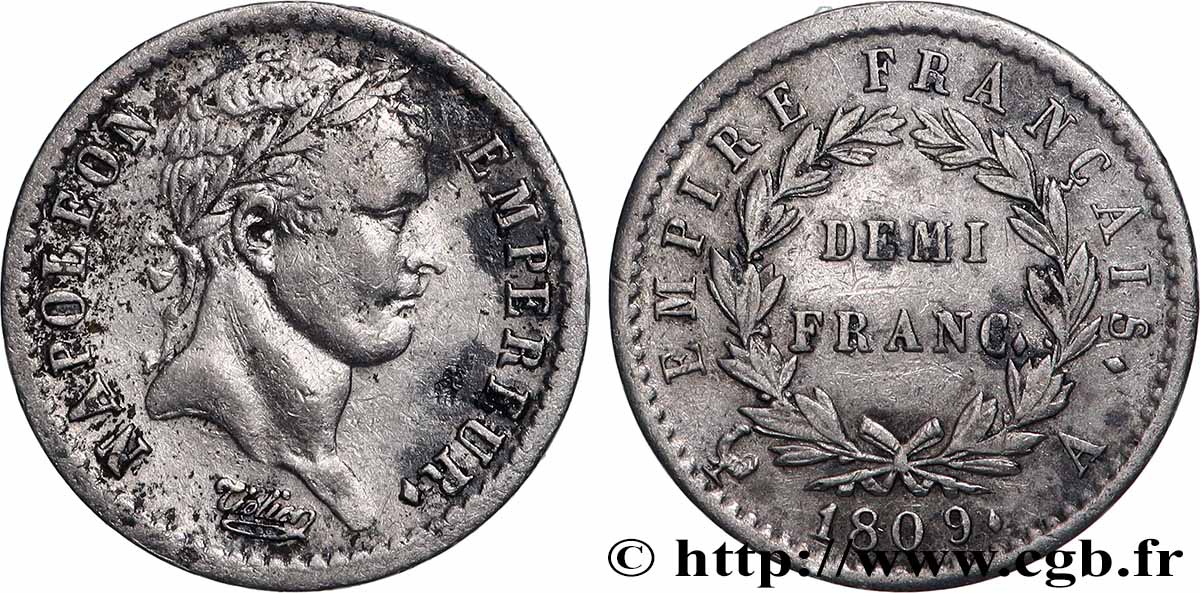 Demi-franc Napoléon Ier tête laurée, Empire français 1809 Paris F.178/1 TB 