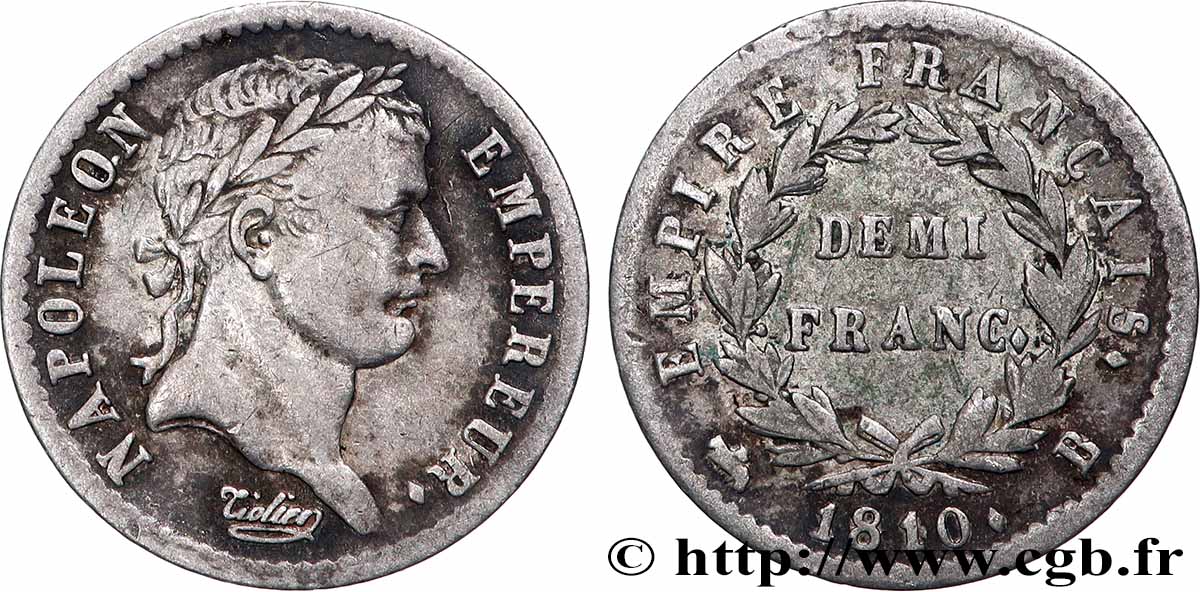 Demi-franc Napoléon Ier tête laurée, Empire français 1810 Rouen F.178/11 TB+ 
