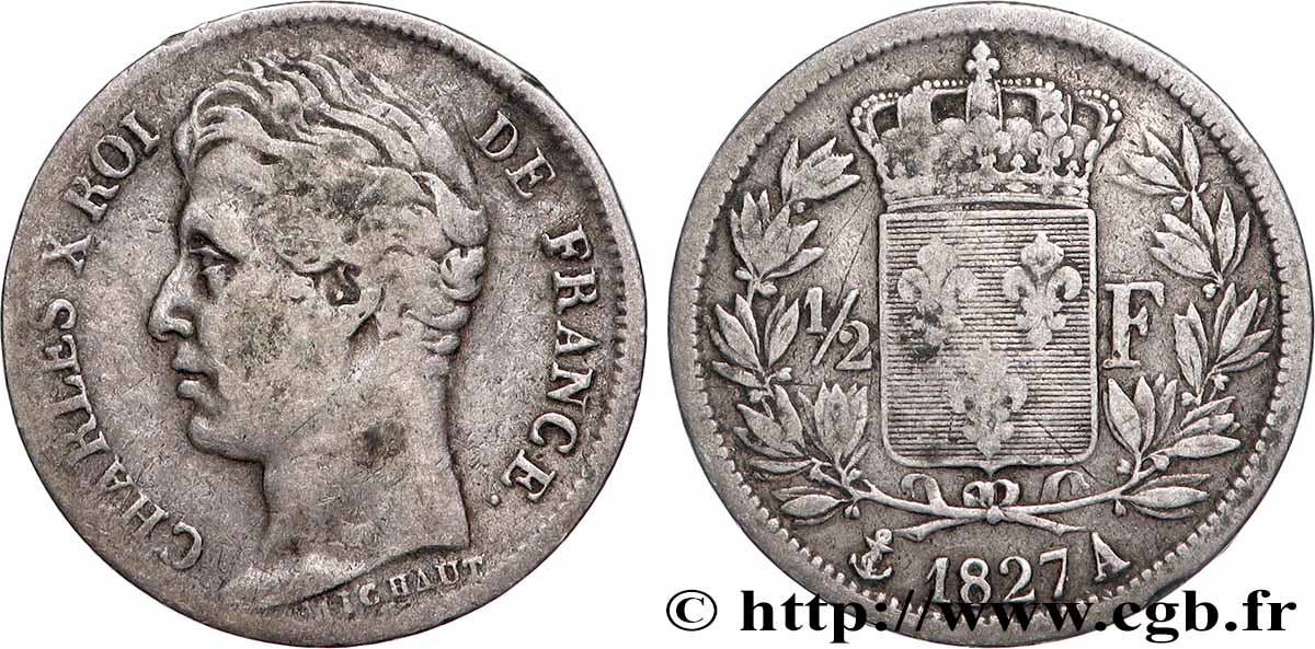 1/2 franc Charles X 1827 Paris F.180/13 TB 