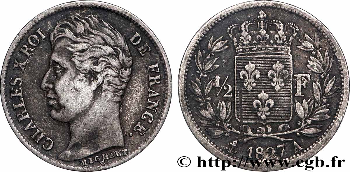 1/2 franc Charles X 1827 Paris F.180/13 BC+ 