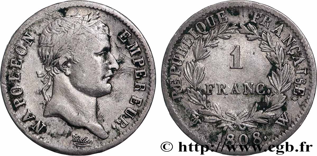1 franc Napoléon Ier tête laurée, République française 1808 Lille F.204/15 TB 