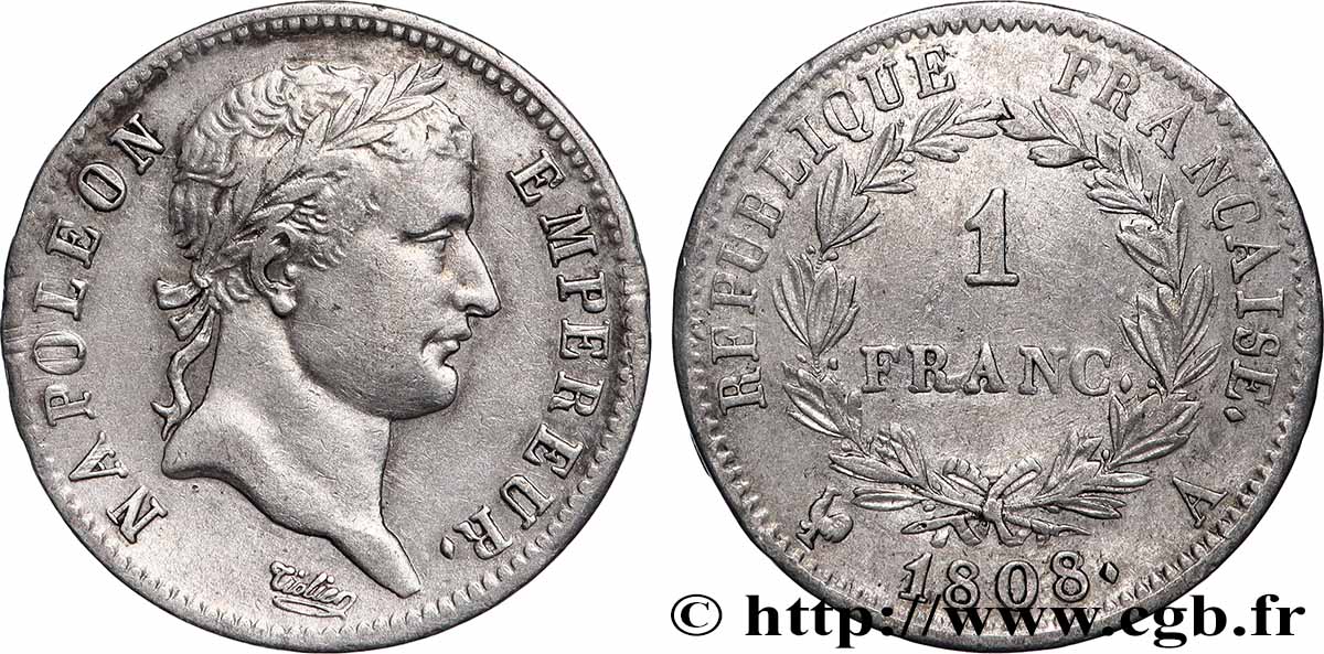 1 franc Napoléon Ier tête laurée, République française 1808 Paris F.204/2 TTB 