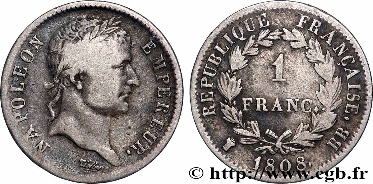 1 franc Napoléon Ier tête laurée, République française 1808 Strasbourg F.204/4 TB 