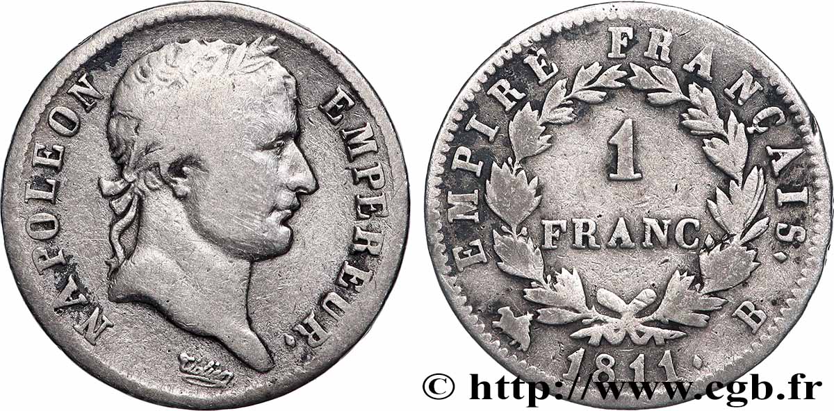 1 franc Napoléon Ier tête laurée, Empire français 1811 Rouen F.205/29 B 