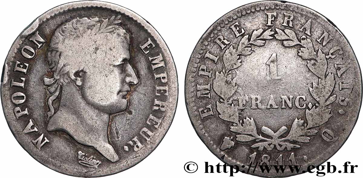 1 franc Napoléon Ier tête laurée, Empire français 1811 Perpignan F.205/39 TB 