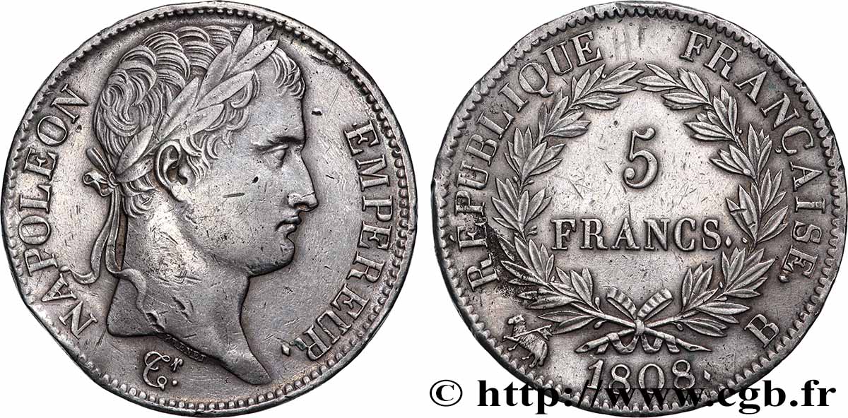 5 francs Napoléon empereur, République française 1808 Rouen F.306/3 TTB 