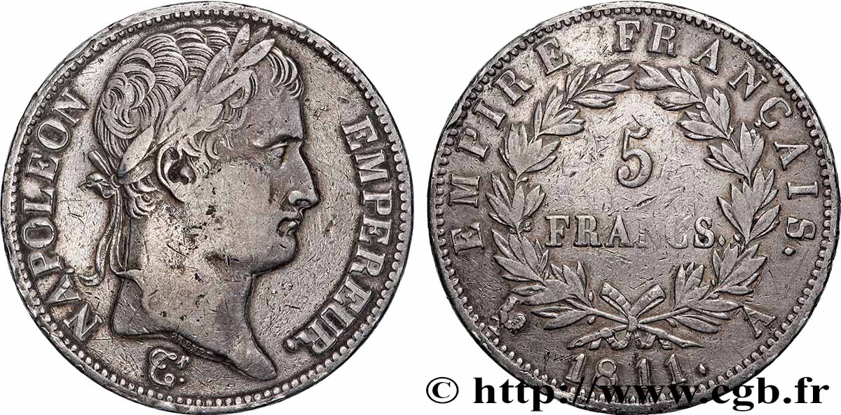 5 francs Napoléon Empereur, Empire français 1811 Paris F.307/27 TB+ 