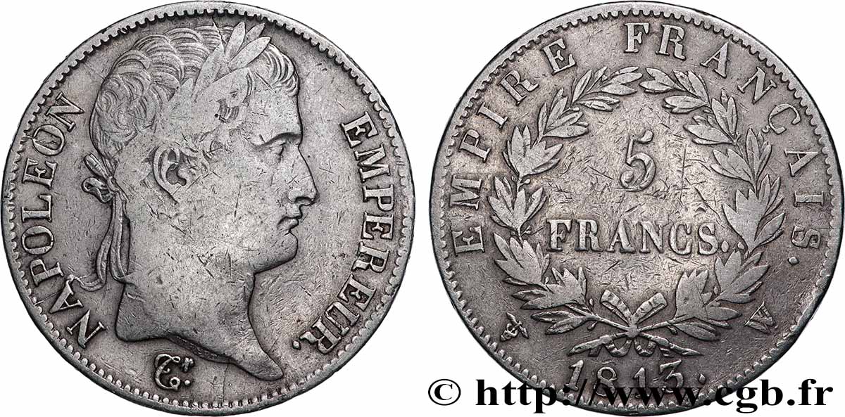 5 francs Napoléon Empereur, Empire français 1813 Lille F.307/75 TB 