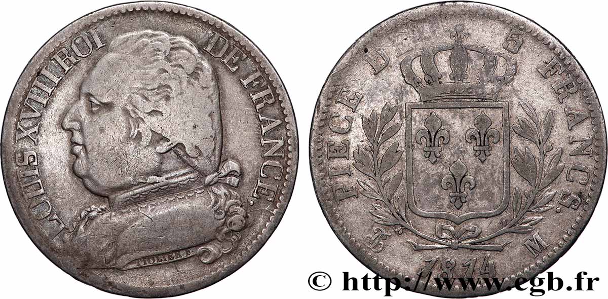 5 francs Louis XVIII, buste habillé 1814 Toulouse F.308/9 TB 