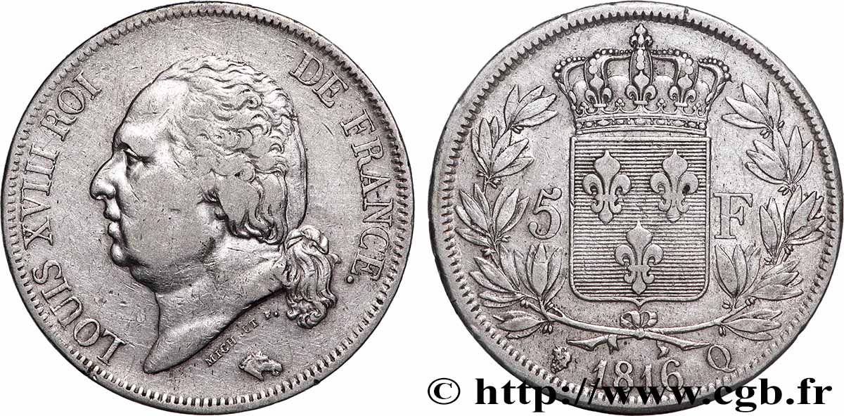 5 francs Louis XVIII, tête nue 1816 Perpignan F.309/11 TB+ 