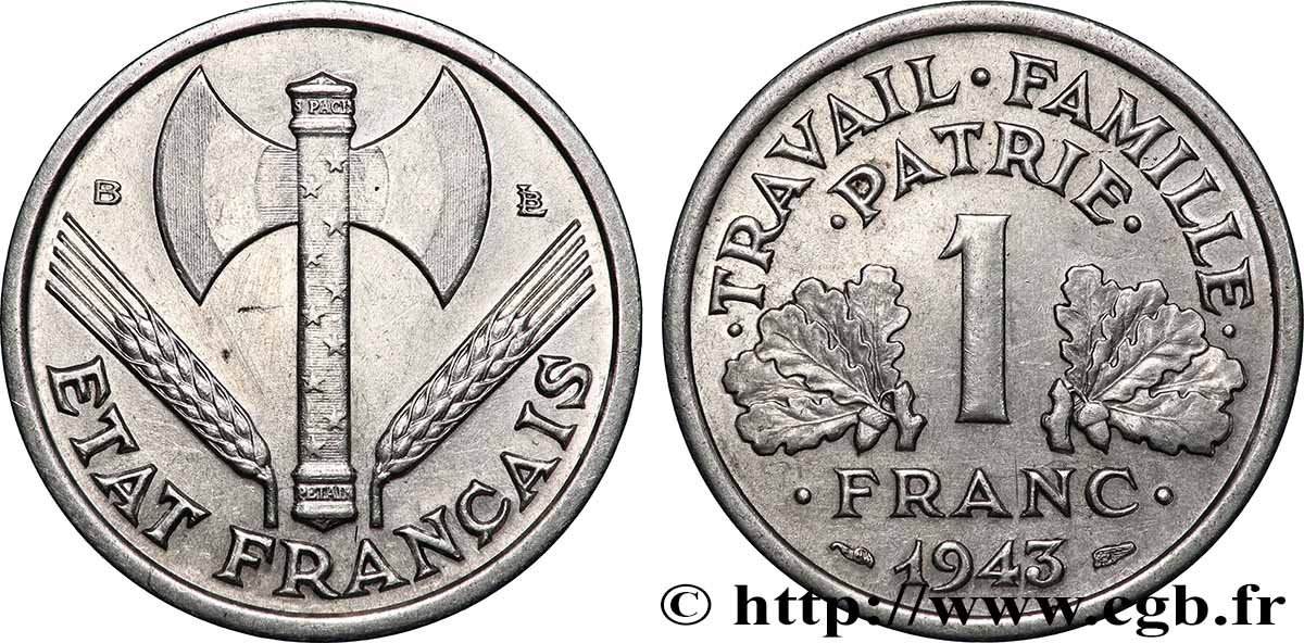 1 franc Francisque, légère 1943 Beaumont-Le-Roger F.223/4 fVZ 