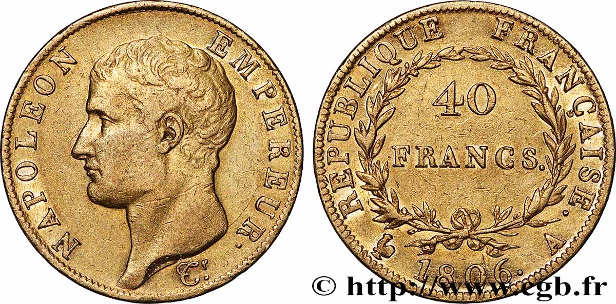 40 francs or Napoléon tête nue, Calendrier grégorien 1806 Paris F.538/1 SS 