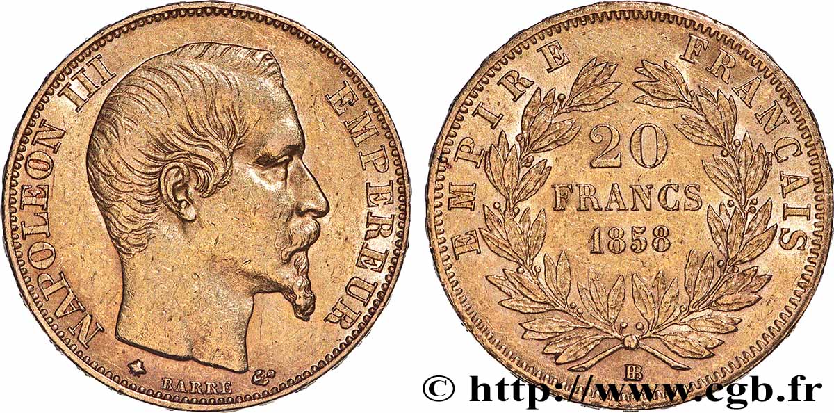 20 francs or Napoléon III, tête nue 1858 Strasbourg F.531/14 fVZ 