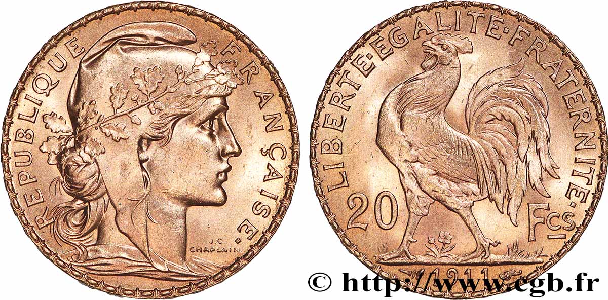 20 francs or Coq, Liberté Égalité Fraternité 1911 Paris F.535/5 VZ+ 